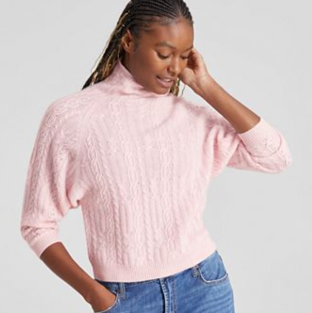 Charter Club Women's Pink Cashmere Embellished Dolman-Sleeve Cable-Knit Sweater